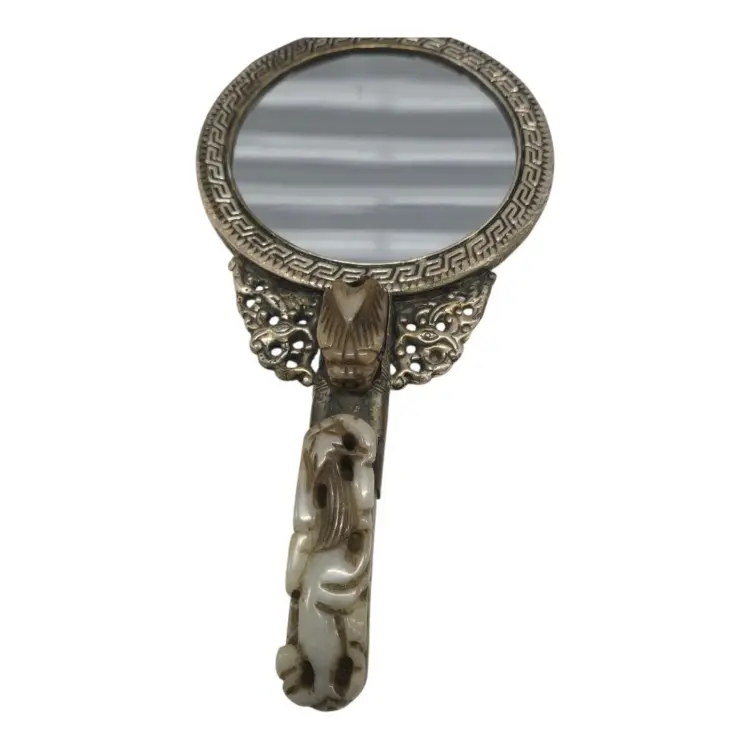 Rare Antique Hand Mirror – Silver & Jade, Circa 1850–1899