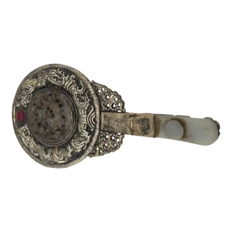 Rare Antique Hand Mirror – Silver & Jade, Circa 1850–1899 - Image 3