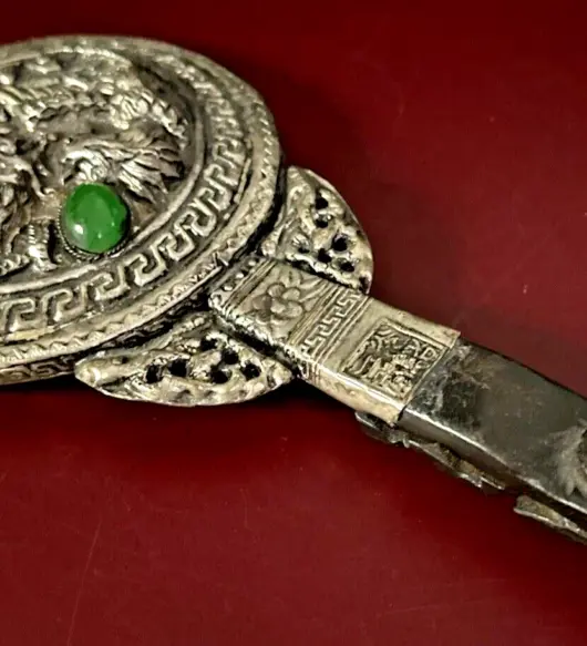 Rare Antique Silver & Jade Hand Mirror – 8.5" Long, 8 oz – Circa 1850–1899
