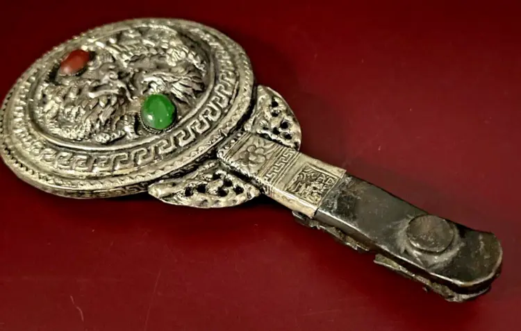 Rare Antique Silver & Jade Hand Mirror – 8.5" Long, 8 oz – Circa 1850–1899