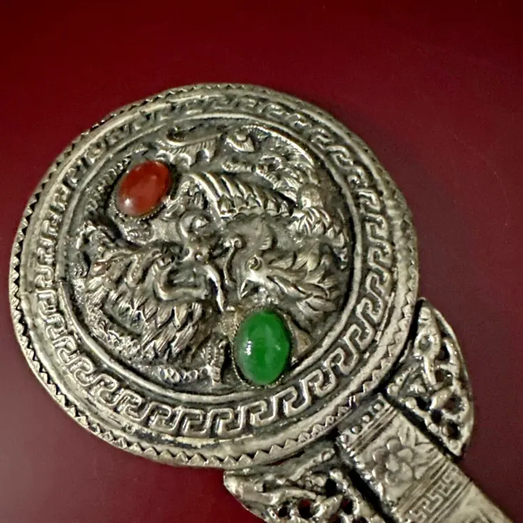 Rare Antique Silver & Jade Hand Mirror – 8.5" Long, 8 oz – Circa 1850–1899 - Image 3