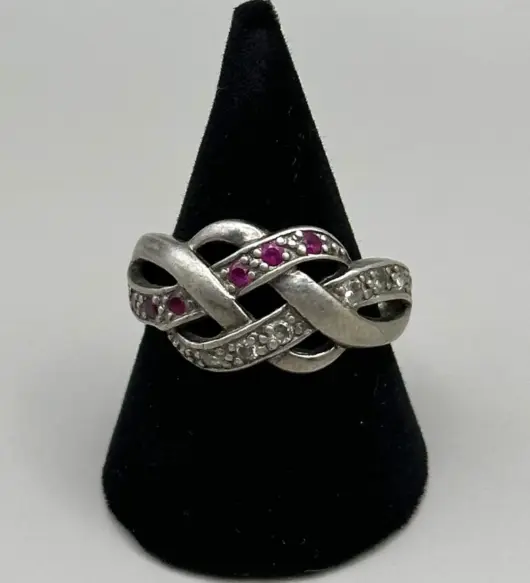 Rare Antique Solid Silver Ring with Crystal & Ruby Stones – Unique Design