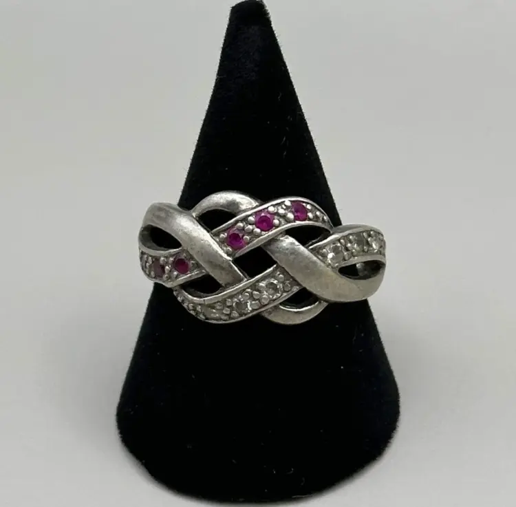 Rare Antique Solid Silver Ring with Crystal & Ruby Stones – Unique Design