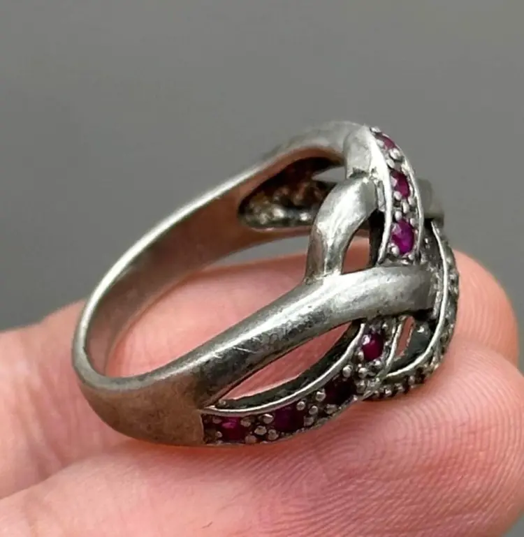 Rare Antique Solid Silver Ring with Crystal & Ruby Stones – Unique Design - Image 2