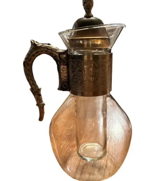 Elegant Vintage Silver-Plated Corning Glass Pitcher with Floral Insert – Art Deco Style