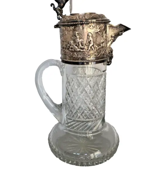 Elegant Vintage English Hand-Cut Glass & Silver-Plated Diamond Pattern Pitcher – Victorian Style