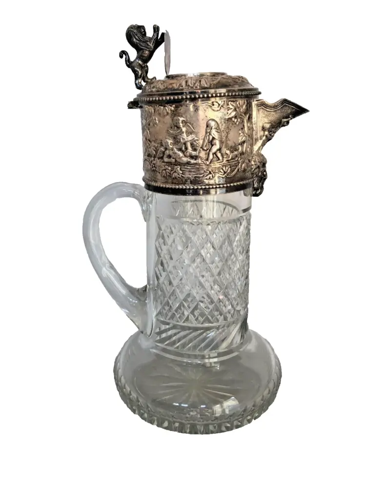 Elegant Vintage English Hand-Cut Glass & Silver-Plated Diamond Pattern Pitcher – Victorian Style