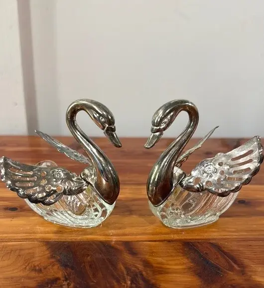 Set of 2 Vintage Silver-Plated & Glass Swan Salt Cellars – Elegant Open Salts