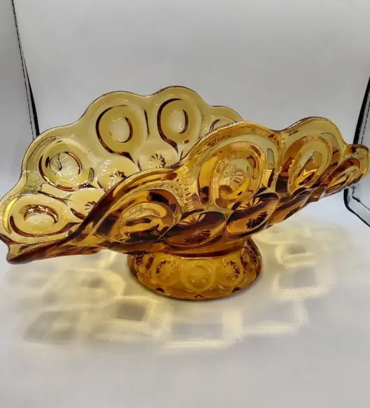Vintage Amber Pressed Glass Napkin & Silverware Holder – Moon and Star Pattern, Mid-Century Style