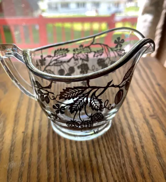 Vintage Silver Overlay Glass Sugar & Creamer Set – Grapes, Cherries & Strawberries Design (Mint Condition)