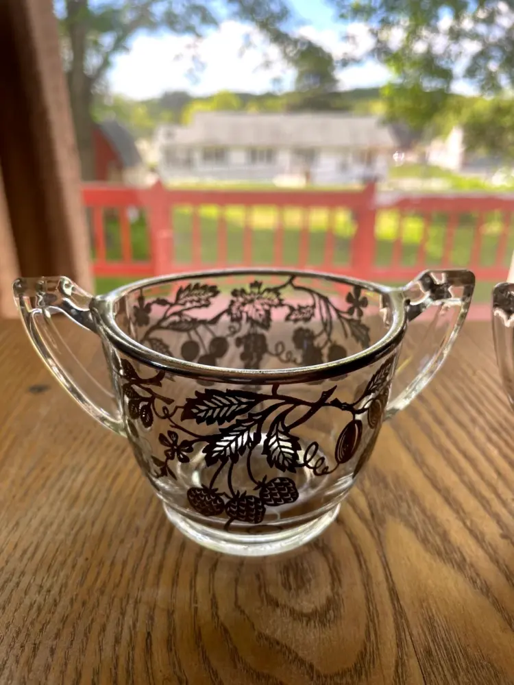 Vintage Silver Overlay Glass Sugar & Creamer Set – Grapes, Cherries & Strawberries Design (Mint Condition) - Image 2
