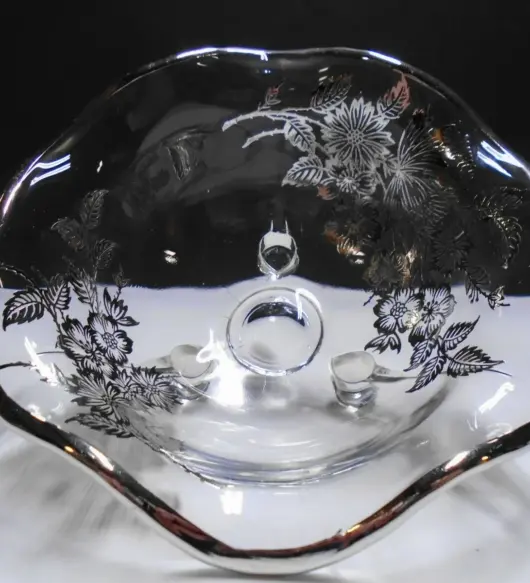 Vintage Clear Glass Ruffled Bowl with Sterling Silver City Overlay – Elegant Three-Legged Design