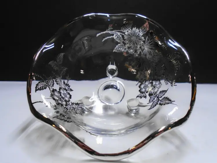 Vintage Clear Glass Ruffled Bowl with Sterling Silver City Overlay – Elegant Three-Legged Design