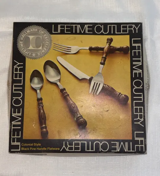 Vintage Colonial Flatware Set – 24 Pc Stainless Steel Silverware with Black Pine Wood Handles, NIB