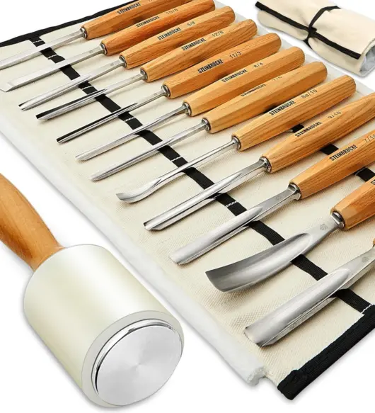 STEINBRÜCKE 12-Piece Wood Carving Chisel Set with Wood Mallet & Canvas Roll – Gouges & Knives
