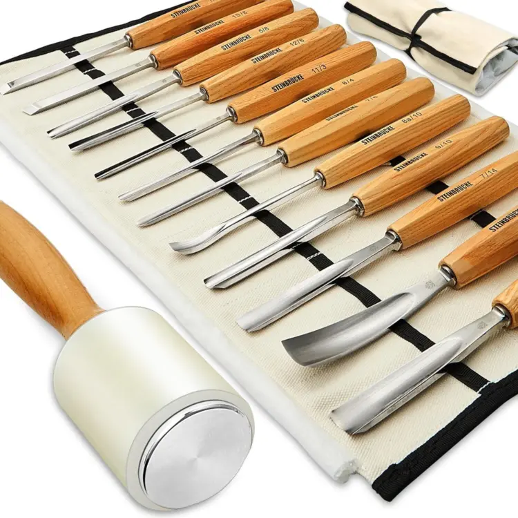 STEINBRÜCKE 12-Piece Wood Carving Chisel Set with Wood Mallet & Canvas Roll – Gouges & Knives