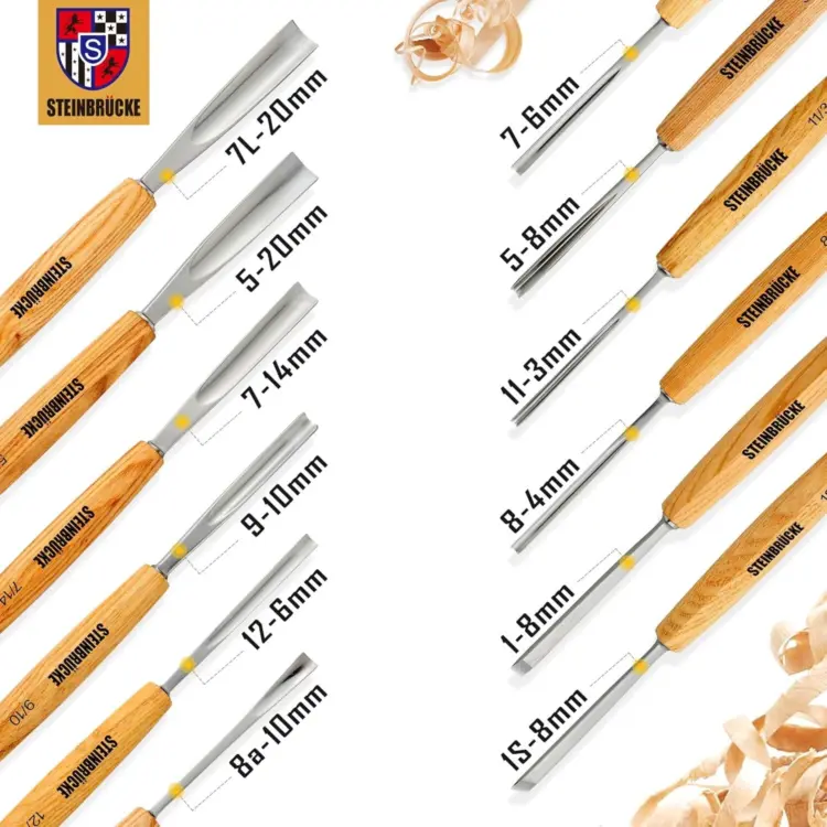 STEINBRÜCKE 12-Piece Wood Carving Chisel Set with Wood Mallet & Canvas Roll – Gouges & Knives - Image 3