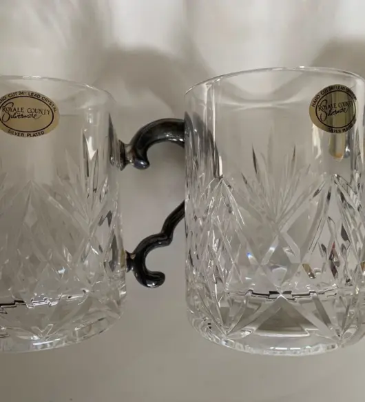 Set of 2 Royale County Crystal Tankards with Silver-Plated Handles
