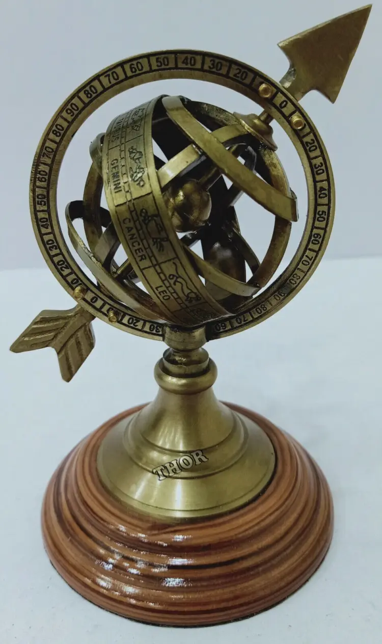 Antique Brass Armillary Sphere with Engraved Arrow – 5" Nautical Maritime Decor - Image 2