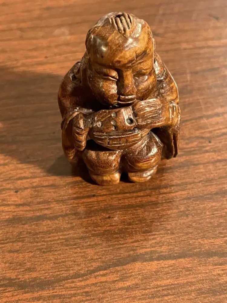 Vintage Hardwood Sculpture of Man with Musical Instrument – Handcrafted Wooden Art