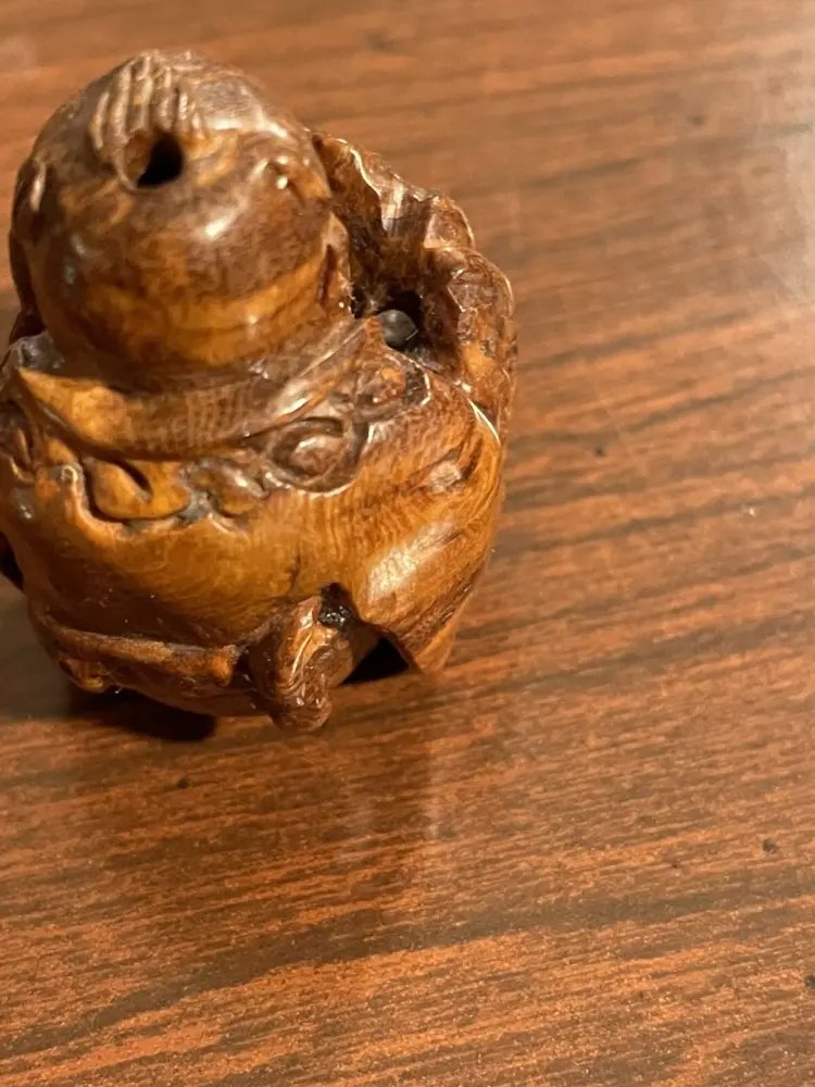 Vintage Hardwood Sculpture of Man with Musical Instrument – Handcrafted Wooden Art - Image 2