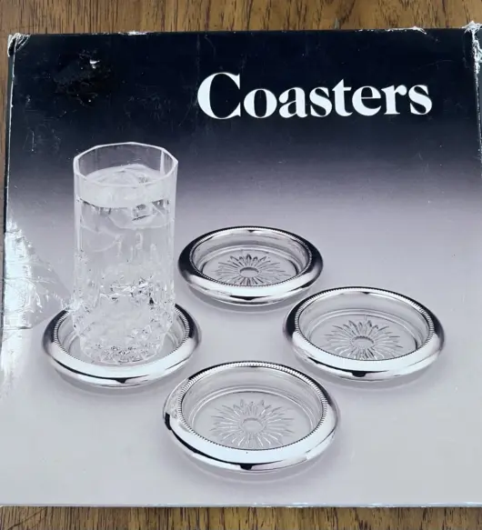 Elegance Silverware 4-Piece Vintage Silver-Plated & Glass Coaster Set – New