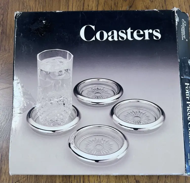 Elegance Silverware 4-Piece Vintage Silver-Plated & Glass Coaster Set – New