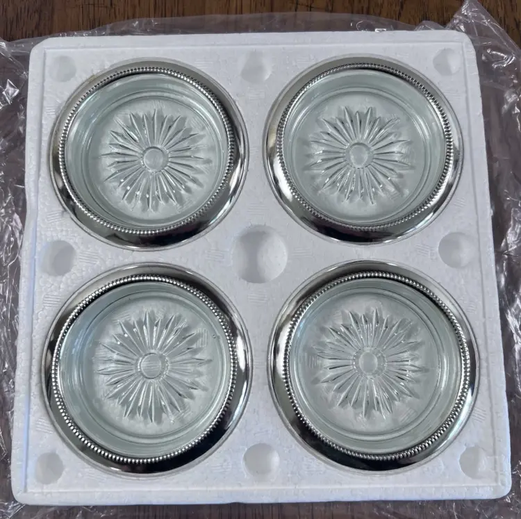 Elegance Silverware 4-Piece Vintage Silver-Plated & Glass Coaster Set – New - Image 2