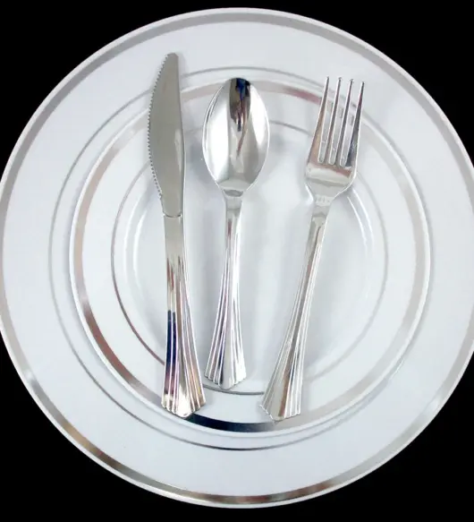 ATB Heavyweight Plastic Dinnerware Set for 30–180 Guests – Silver-Rimmed Plates & Silverware, 9" & 7"