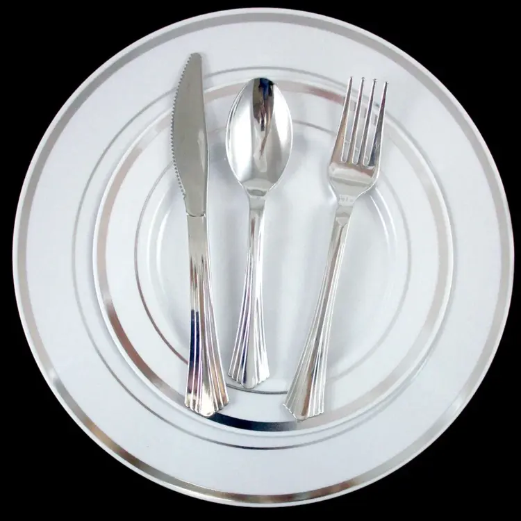 ATB Heavyweight Plastic Dinnerware Set for 30–180 Guests – Silver-Rimmed Plates & Silverware, 9" & 7"