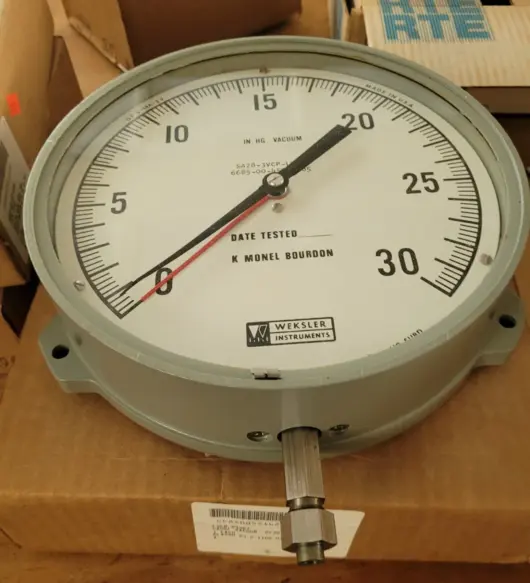 Vintage Large Weksler Instrument Test Gauge – 9" Diameter – IN HG Vacuum