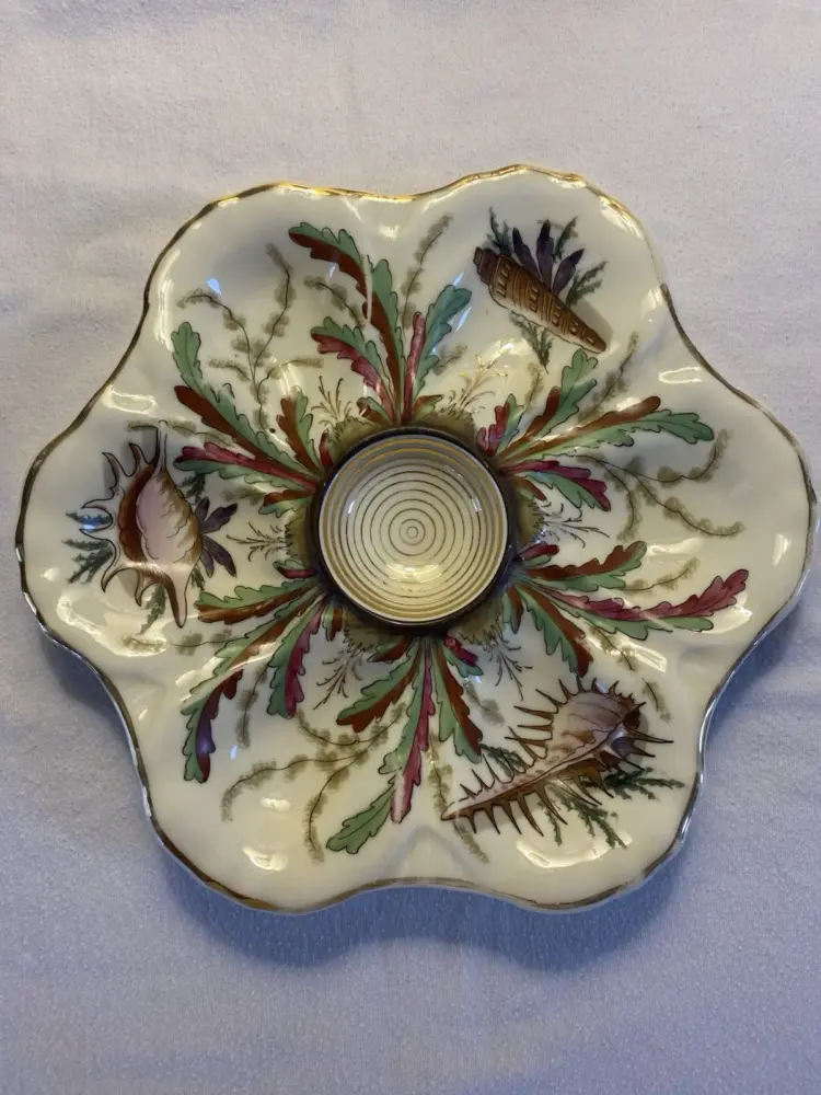 Antique Porcelain Oyster Plate with Hand-Painted Seashell and Seaweed Decoration