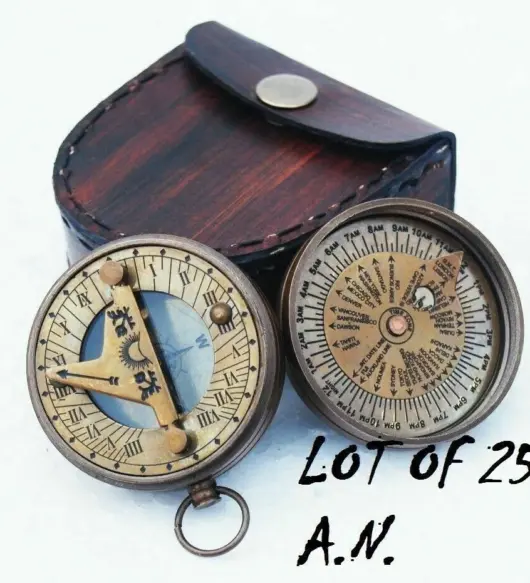 Lot of 25 Antique-Style Donald London Sundial Compasses with Leather Boxes – Civil War Reproduction