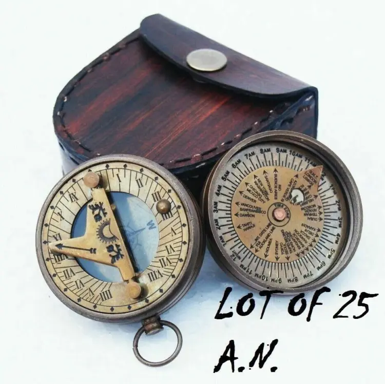 Lot of 25 Antique-Style Donald London Sundial Compasses with Leather Boxes – Civil War Reproduction