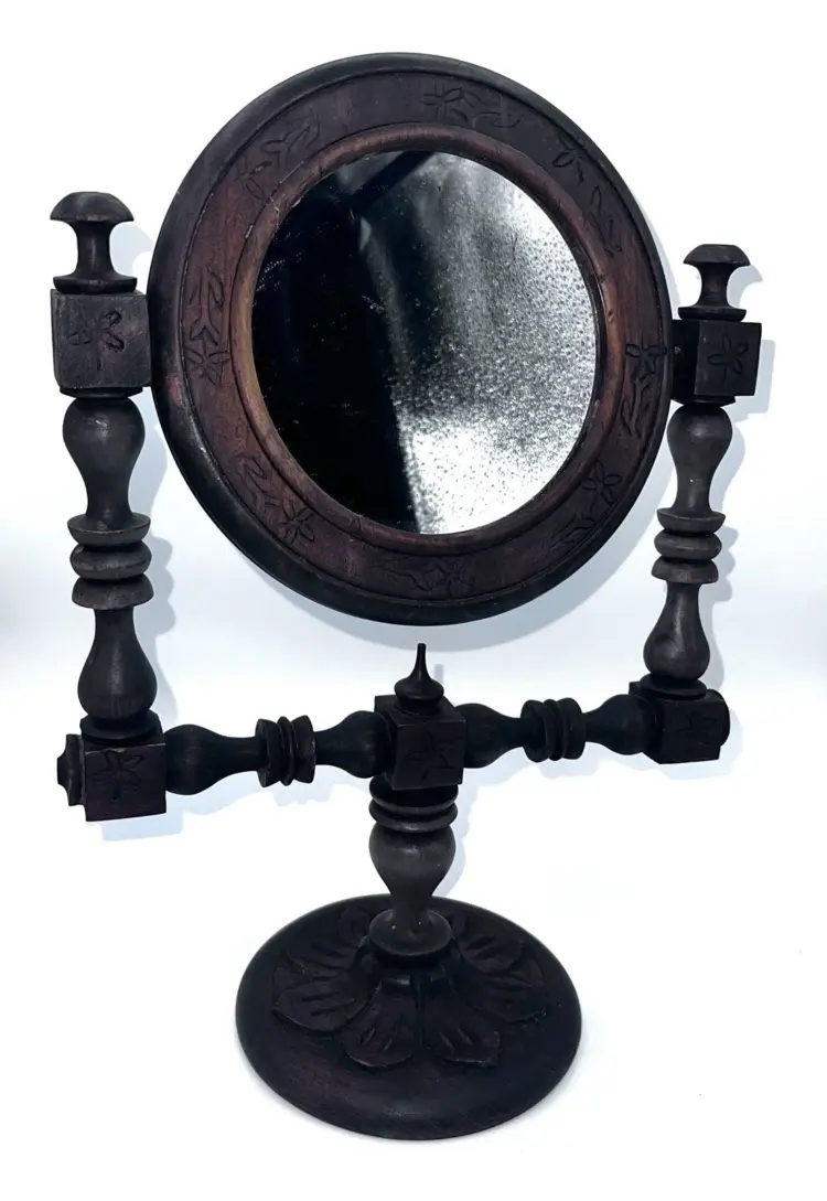 Antique Victorian Rotating Vanity Mirror – Handmade Solid Walnut Frame, Early 20th Century