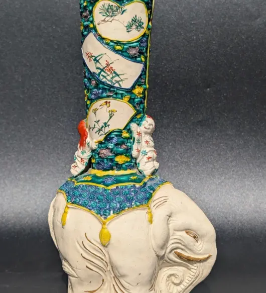 Antique c.1900 Meiji Period Fahua-Style Molded Vase with Elephant Figures