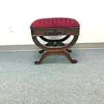 Vintage Roman Curule X-Frame Boudoir Stool – Victorian Style Wood with Red Upholstered Seat, 20" High