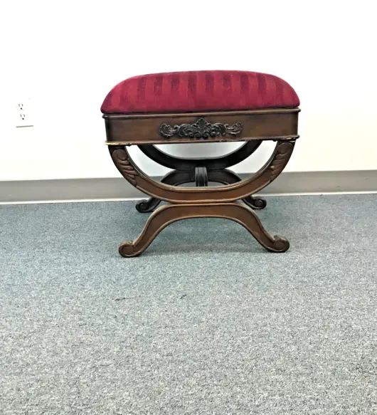 Vintage Roman Curule X-Frame Boudoir Stool – Victorian Style Wood with Red Upholstered Seat, 20" High