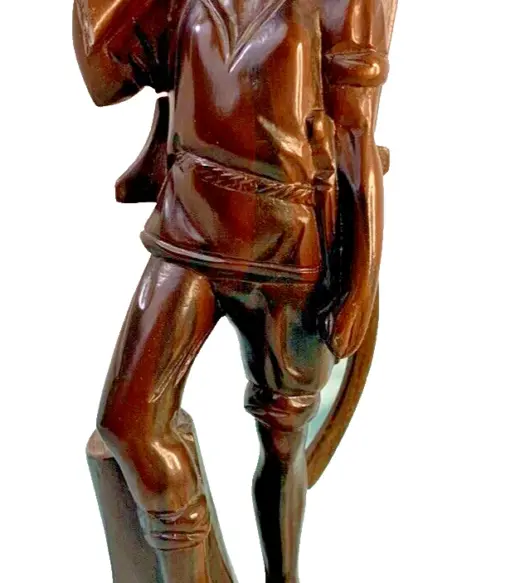 Vintage Hand-Carved Zebra Teak Wood Asian Farmer Boy Statue w/ Sickle – 12.25” Tall
