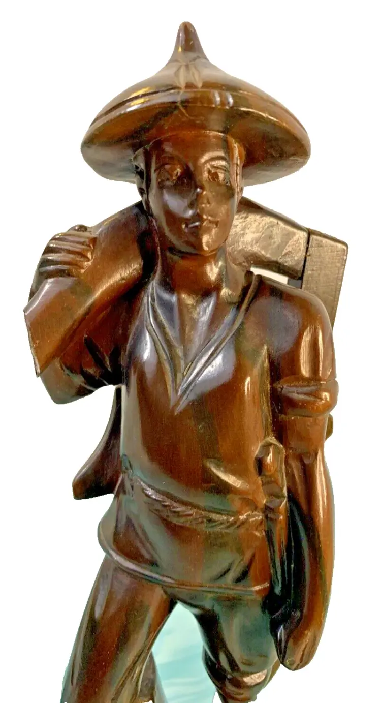 Vintage Hand-Carved Zebra Teak Wood Asian Farmer Boy Statue w/ Sickle – 12.25” Tall - Image 2