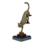 Cat Descending the Stairs – Real Bronze Sculpture on Natural Marble Base, 11.81" Tall
