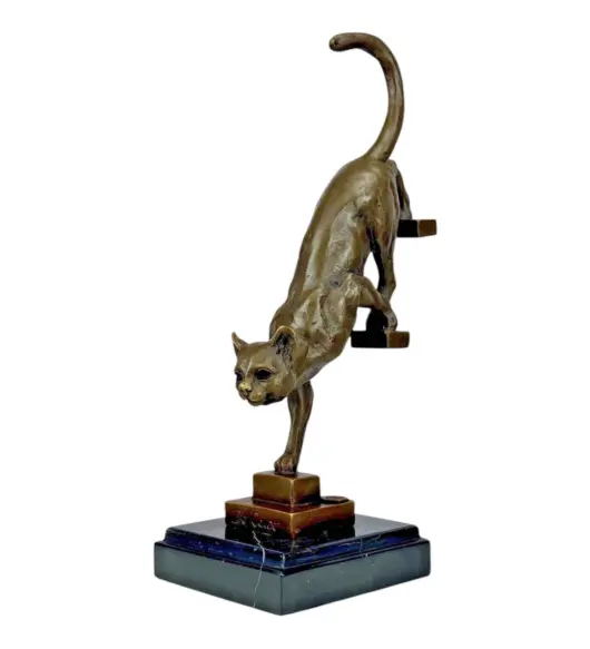 Cat Descending the Stairs – Real Bronze Sculpture on Natural Marble Base, 11.81" Tall