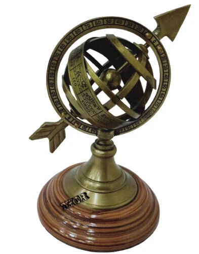 Antique Brass Armillary Sphere with Engraved Arrow – 5" Nautical Maritime Decor