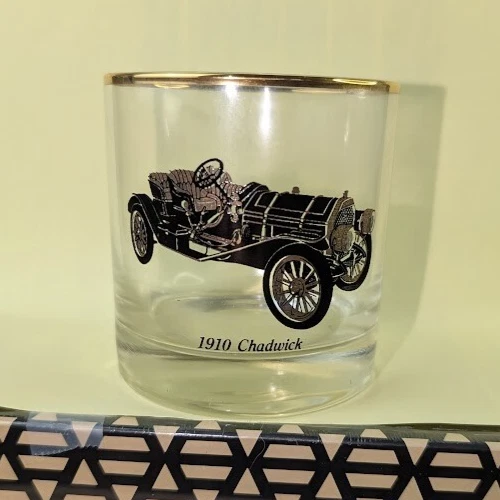 Vintage Galaxy Distinctive Glassware 1910 Chadwick Antique Car Cocktail Glass with 22K Gold Trim